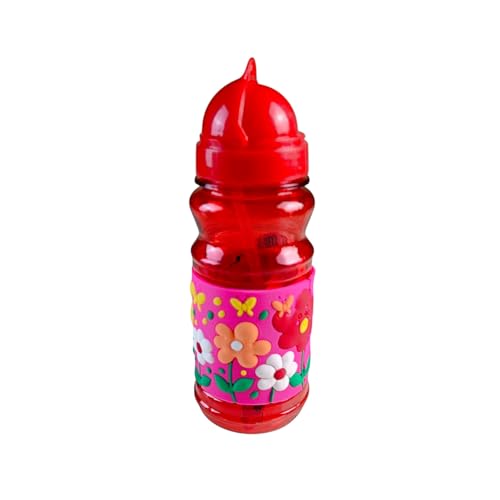 Garrafa De Água Suco Infantil Canudo em Silicone Garrafinha Escolar (Vermelha - Flores c/Fundo Rosa)