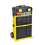 SwitZer 3-in-1 Rolling Stackable Toolbox with Wheels, Telescopic Pull Handle, Top Lift-Up Compartment, Three Drawers & Bottom Tilting Bin, Black & Yellow, Garage Workshop Home DIY