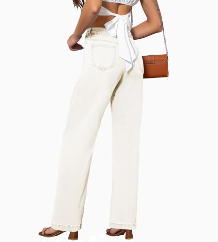 Womens Jeans Mid Waisted Straight Leg Loose Stretchy Lightweight Tummy Control Trendy Jeans for Women 2025 Beige3