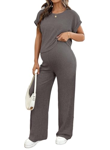 BLENCOT Maternity Matching Sets Lounge Set 2 Piece Outfits Adjustable Long Pants Short Sleeve Pregnancy Clothes Summer Loungewear Pajamas Sets Carbon Grey M
