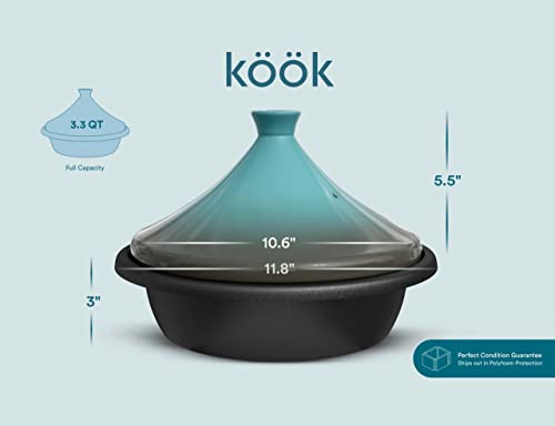 Kook Moroccan Tagine, Preseasoned Cast Iron Cooking Pot, Tajine with Ceramic Cone-Shaped Closed Lid, 3.3 QT (Stone Blue)