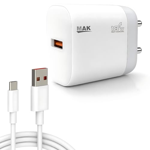 Image of MAK 18W Fast Charging USB Wall Charger 2.4A Power Adapter with USB to Type-C Cable, High-Speed Charging for All Type-C Devices, Compact & Durable Design - White