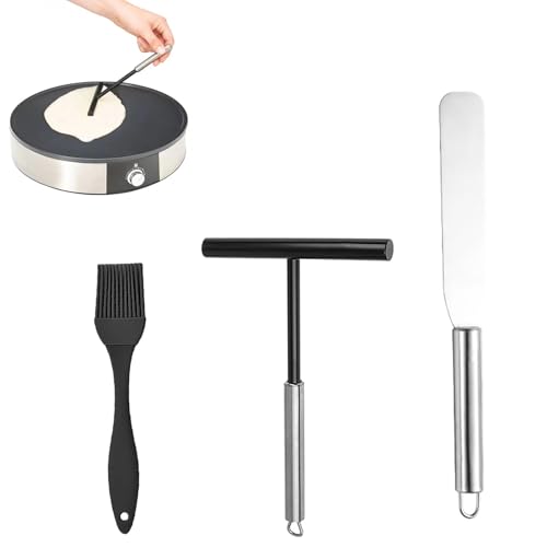 3 Piezas Utensilios para Crepes de Acero Inoxidable – Espátula,Rastrillo en T y Rodillo para Repartir Masa,Accesorios para Hacer Crepes,Tortitas y Repostería Casera