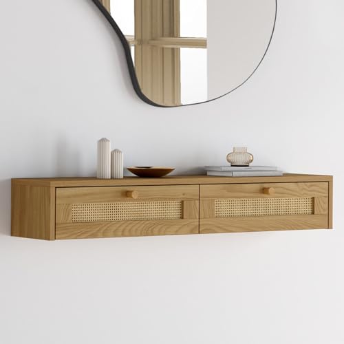 Etagère murale console d'entrée HANAE 2 tiroirs effet naturel cannage - vue 3