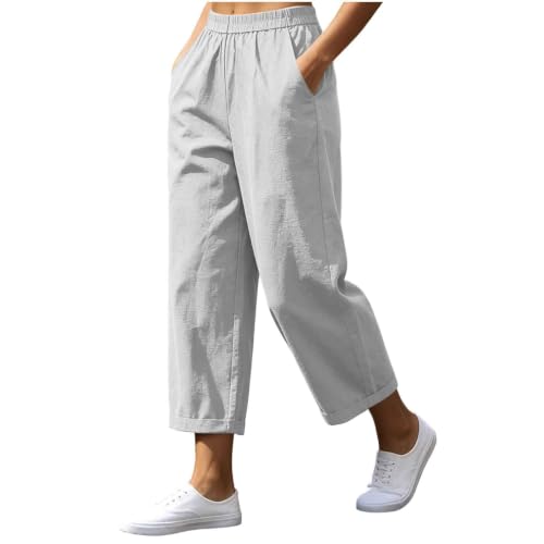 Pantalon large en lin pour femme avec taille élastique et poches pratiques