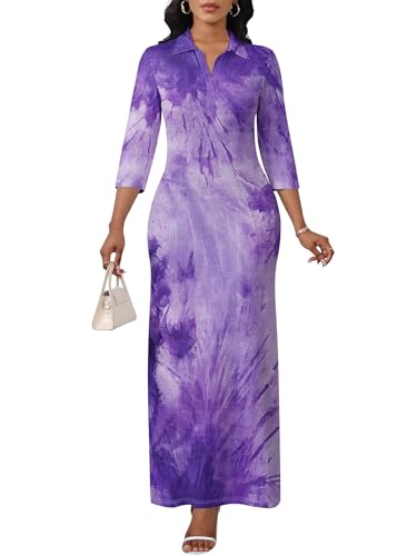 Image of PinkPatty Women's Casual 3 /4 Sleeve Polo V Neck Bodycon Maxi Dress