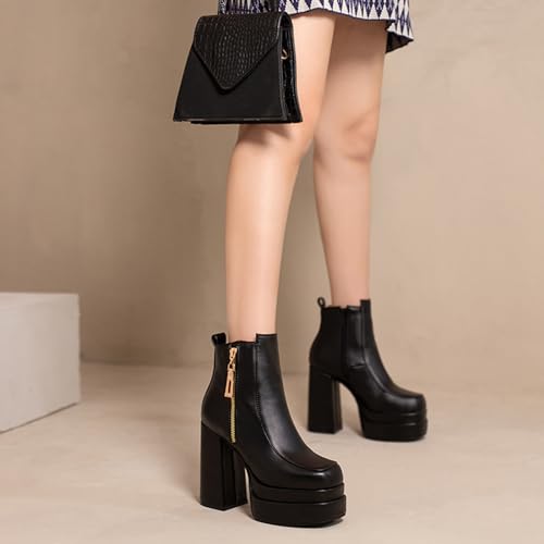 Vujkliy Women's Autumn and Winter High Heel Boots Square Toe Thick Heel Waterproof Platform Fashion Side Zipper 4.7IN Short Boots Large Size3