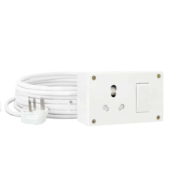 Bigpalycoan Electric Extension Board with 1 Socket & 1 Switch, 16A 2500W Surge Protected Power Strip with 3 Meter Cord for Home, Office, AC, EV Charging, Gadgets, Fridge, Cooler (White, 220V)