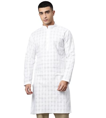 Image of Majestic Man Men's Pure Cotton Textured Check Mandarin Collar Long Kurta