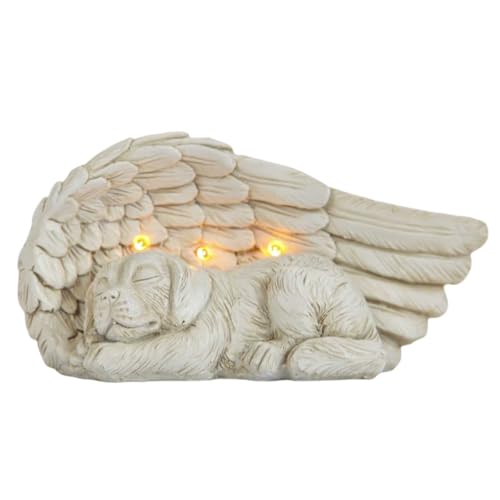 Festive Lights Hund Gedenkstein mit Engelsflügeln – 20 cm solarbetriebenes LED Grablicht, wetterfeste Grabdeko für Tiergrab, Trauerstein aus Kunstharz für Garten