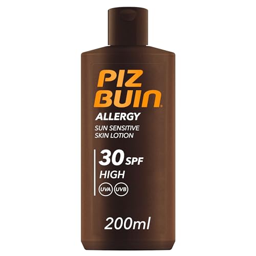 PIZ BUIN Allergy Sun Sensitive Skin Lotion FPS 30 (200 ml), protector solar corporal con FP30, protección solar alta para pieles sensibles, loción corporal con filtros UVA/UVB