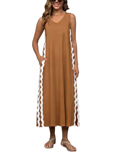 Image of utcoco Women's Summer Beach Boho Flowy Maxi Dress Casual Sleeveless V Neck Side Slit RIC Rac Tank Dress