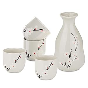 Panbado Porselein Japanse Sake Set, 5-delige Sake fles 250 ml met kopjes 40 ml, kersenbloesempatroon, grijswit