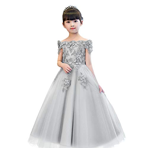 Flower Girl Dress Embroidery Lace Applique Beaded Off Shoulder Long Pageant Formal Wedding Party Dresses for Kids Baby Bridesmaid Birthday Communion Floor Length Tulle Ball Gowns Gray 9-10 Years