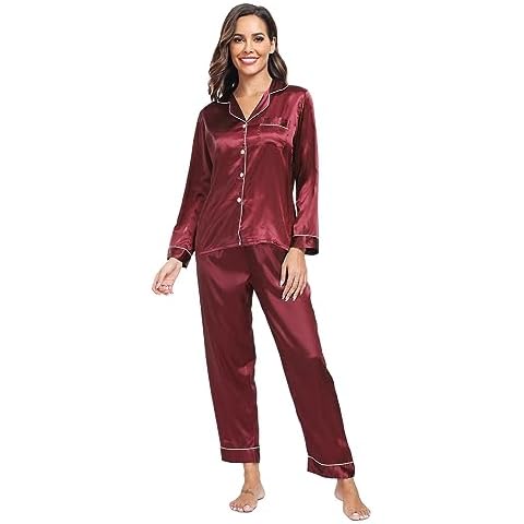 Super Shopping-zone Women's Soft Long Satin Pajama Set Long Sleeve Pjs Set Sleepwear Silk Loungewear Wine Cover