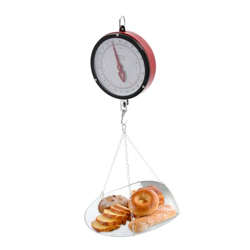 High Accuracy Double-Sided Dial Hanging Scale 22LBS, Mechanical Weight Scale with Chain and Scoop, Large Display Spring Scale for Farm, Kitchen, Food & Produce (Red)