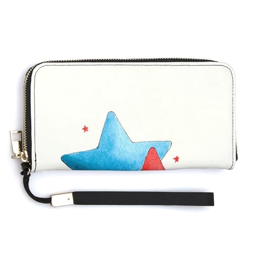 Blue And Red Stars Minimalistic PU Leather Clutch Long Bifold Wallet, Coin Purse Credit Pass Case, Durable Card-Holder Money Storage for Women Men