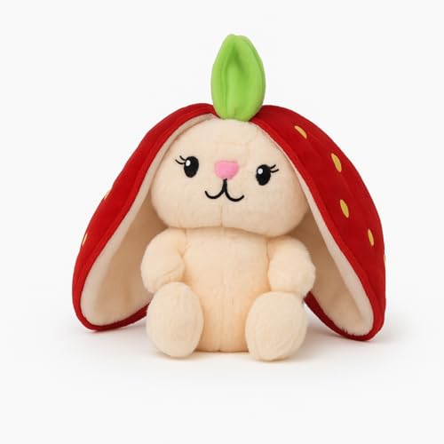Image of Soft Cuddly Strawberry Bunny Plush Stuffed Rabbit Toy Adorable Berry Hoode Cute Ears for Plush Collectors Kids' Bedrooms Themes Special Gifting (45 CM)