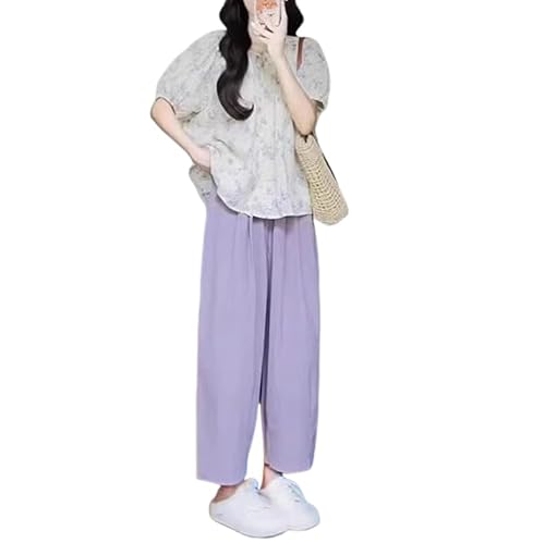 Womens Maternity suits Pregnant Summer Thin Edition Fashion And Leisure Bubble Sleeve Top And Pants Two-Piece Set (US, Alpha, Large, Regular, Regular, Purple Suit)