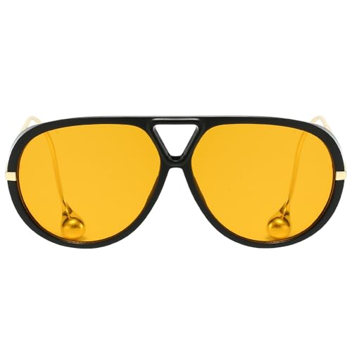 YAMEIZE Oversized Pilot Sunglasses for Women Men Retro 70s Double Bridge With Earring Round Shield Big Sun Glasses UV4002