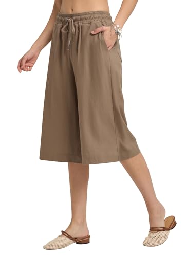 Linen Capri Pants for Women Elastic Waist Drawstrings Casual Wide Leg Linen Pants Women with Pockets
