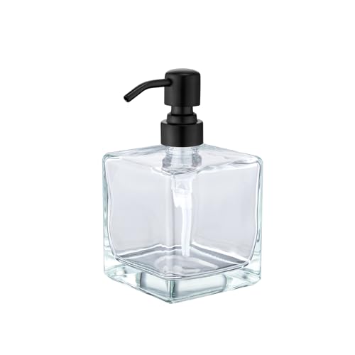 Image of Square Bathroom Soap Dispenser Black, 16 oz Glass Bottles with Stainless Steel Pump Retangle Cube Liquid Large Capacity Soap Dispenser Kitchen