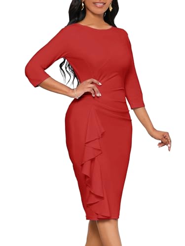 Image of Church Dresses for Women 3 /4 Sleeve Ruffle Vintage Bodycon Cocktail Work Midi Pencil Dress