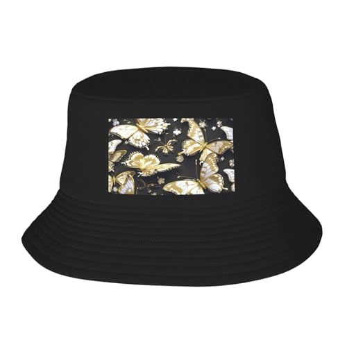 Bucket Hat for Women Men Cotton Sun Hats Gold White Butterflies Black Hat Beach Fisherman Hat Summer for Protection