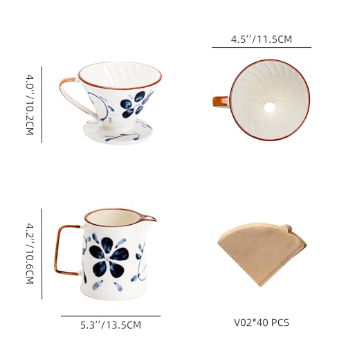 Image of Pour Over Coffee Maker,Ceramic Coffee Maker With 40 pcs Paper Filter,15oz /450ml Pour Over Coffee Dripper (Blue and white, V02)