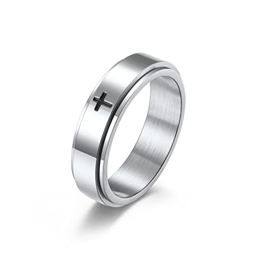 Image of COLORFUL BLING Titanium Stainless Steel Cross Anxiety Spinner Ring Rotating Fidget Ring Stress Relieving Wedding for Him Her Couple Promise Lover Jewelry