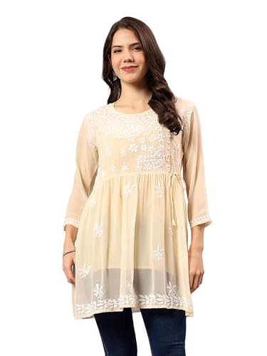 Image of Seva Chikan Hand Embroidered Lucknowi Chikankari Angarkha Georgette Top with Slip for Women SCL4041