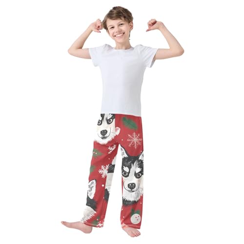 Christmas Husky Pine Branches Boys Long Pants Soft Trousers Elastic Waist Kids Lounge Bottoms with Pockets S-XL2