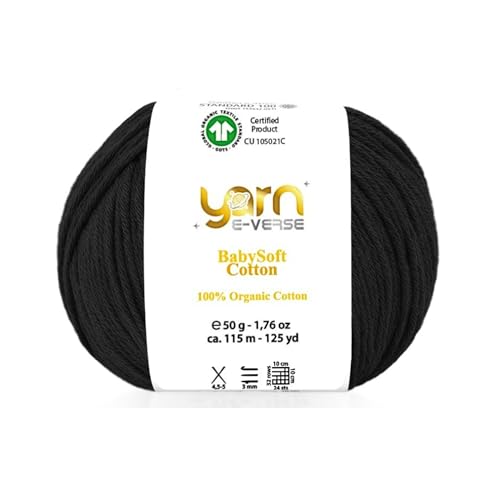Babysoft Cotton Yarn, Yarn E-verse, 100% Organic Cotton, Soft & Hypoallergenic, Ideal for Baby Knitting, Crocheting, Amigurumi & DIY Projects, Organic Textile Certified, 50g (1, 130 Black)