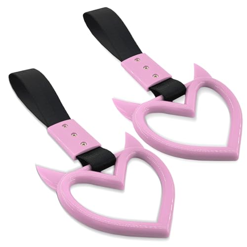 Image of 2PCS Heart shaped Car Handle Straps, Heart Car Accessories, Ring Hearts Shaped Cars Hand Strap Drift Charm, Universal Handle Keychains Accessory Suitable for Cars Bus (Pink+black)