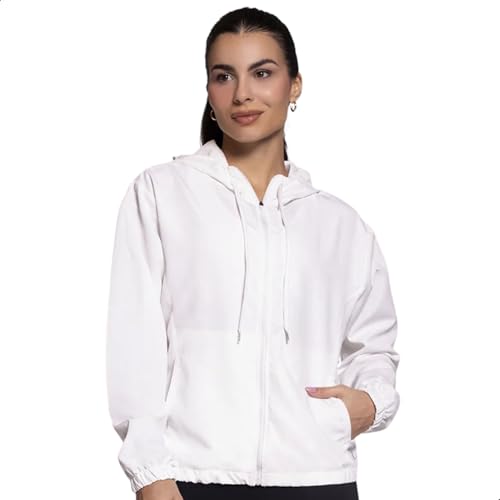 SELENE Jaqueta Corta Vento Feminina Impermeável Capuz Bolso, G, Branco