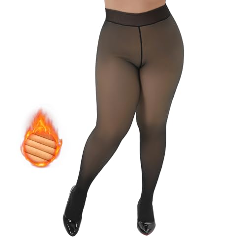 Image of Yilanmy Fleece Lined Tights Plus Size Fake Translucent Winter Warm Leggings for Women Control Top Thick Thermal Pantyhose