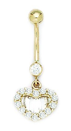 14K Yellow Gold Cz Cubic Zirconia Simulated Diamond 14 Gauge Dangling Love Heart Body Jewelry Belly Ring Measures 31X13Mm Jewelry Gifts For Women #TOP8