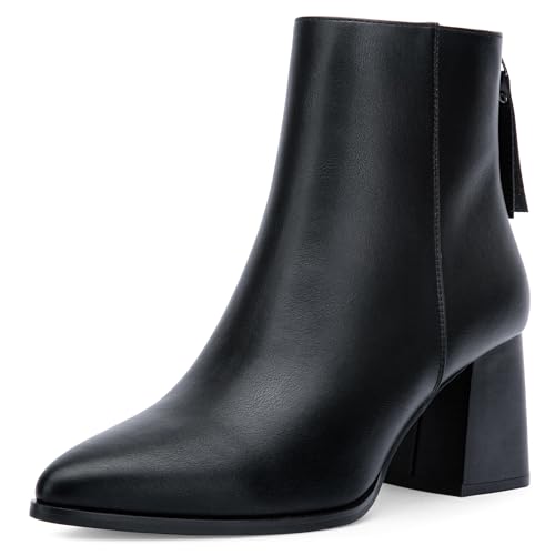 Jeossy Women's Pointed Toe Ankle Black Boots, Chunky Block Heel 9635 Booties with Zipper, Soft PU...