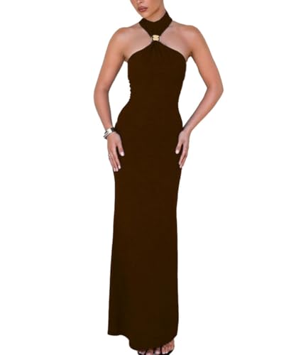Image of ABINGOO Women Sexy Halter High Neck Maxi Dress Sleeveless Back Slit Elegant Party Cocktail Wedding Guest Formal Long Dresses