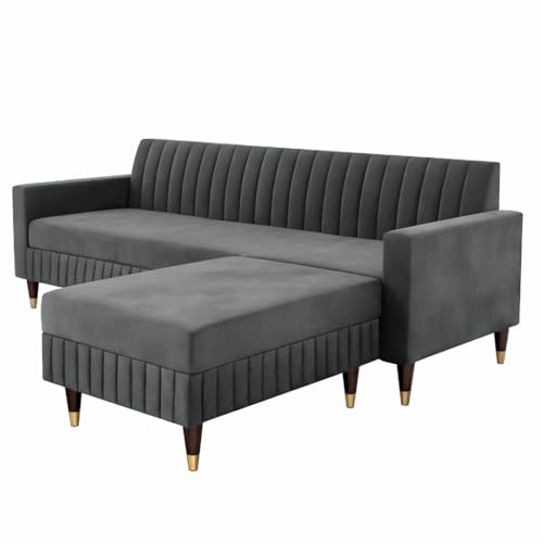 Image of AMATA Omega Solid Wood 4 Seater L Shape Grey Suede Velvet Fabric Sofa Set with Four Cushions Perfect for Home Office Guests Living Room (03 Grey, Omega L Shape 4 SSEATER)(3 Year Warranty)