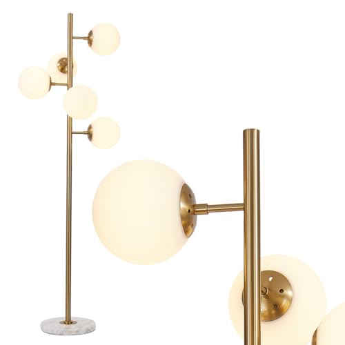 KCO Lighting モダン フロアライト 間接照明 スタンド インテリア 5灯 E26対応 LED 読書ランプ 操作&組立簡単 北欧風 おしゃれ オフィス 寝室 リビング(ゴールド＋ホワイト) 電球付き