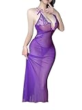 Mingnos Sexy Mesh Kleid für Damen Tiefer V-Ausschnitt Spitze Nachthemd Durchsichtige Dessous Kleider Negligees Nachthemd Lila