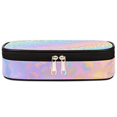 Image of Leopard Print Leather Pencil Case Pen Holder Large Capacity Black Stationery Organizer Pencil Bag with Zipper for Boys Girls Rainbow Leopard Skin Pencil Pouch Storage Box for School College Office