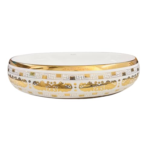 Image of Wallace Luxury Oval Table Top Wash Basin 60x40x15 cm | Royal Baroque Gold Pattern Ceramic Countertop Vessel Sink | Premium Vanity Basin for Bathroom, Hotel & Modern Interiors