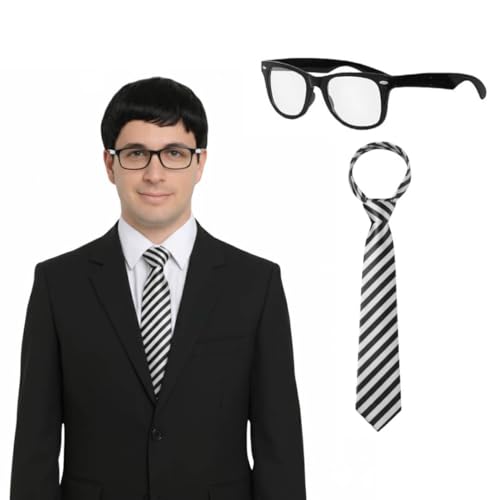Will Inbetween Costume Accessories – Geek Glasses & Striped Tie Set – British TV Series – Men’s Funny Fancy Dress for Halloween, Stag Dos & Parties