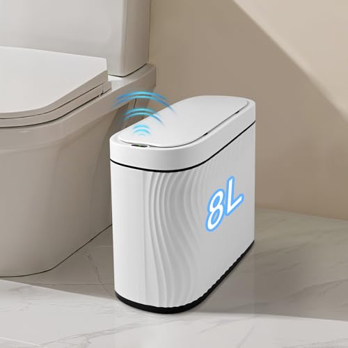 Gaethra Cubo de Basura Para Baño con Sensor Inteligente 8L Cubo Basura Estrecho sin Contacto Papelera con Tapa para Baños, Cocinas, Dormitorios Oficinas Cierra Silenciosamente y Resistente Agua