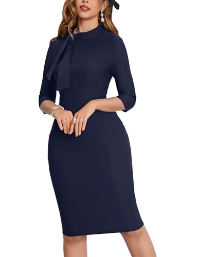 Image of MUXXN Women's Midi Pencil 1950s Vintage Cocktail 3 /4 Sleeve Tie Neck Bodycon Mid-Calf Dress with Pockets