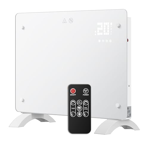 DONYER POWER 1000W Konvektor-Heizung, ultra-dünne Wandmontage oder freistehend, 24H Timer-Fernbedienung, ultra-weiße Glasscheibe