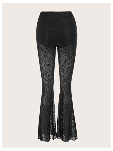 Verdusa Women's Goth 70s Lace Bell Bottoms Sexy See Through Pants Y2K Flare Pants Party Clubwear Black X-Large2