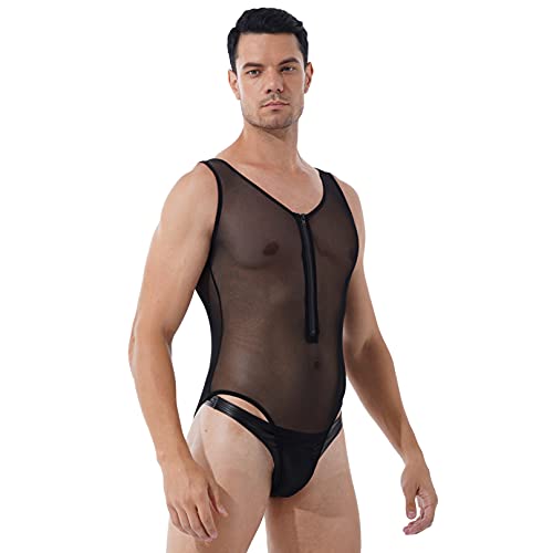 Men's Underwear One Piece Sleeveless Mesh Bodysuit Leotard Mankini Wrestling Singlet3